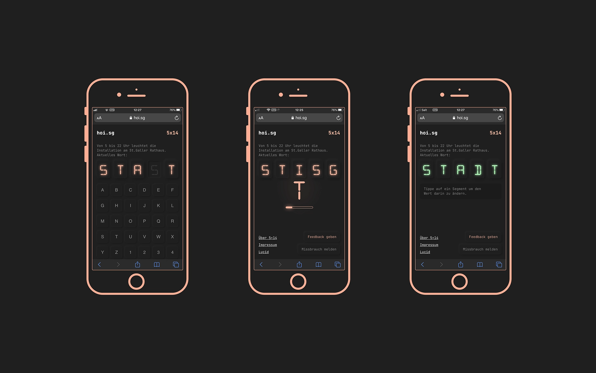 Drei Mockups der Smartphone-Darstellung der Webseite zur Installation 5x14.