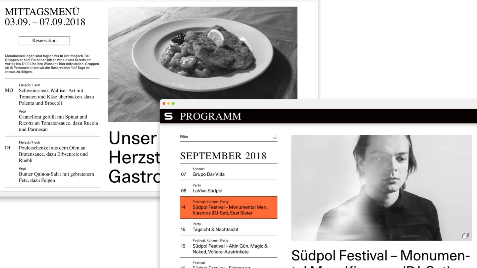 Screenshot-Collage der Website mit den Seiten «Programm» und «Mittagsmenü»