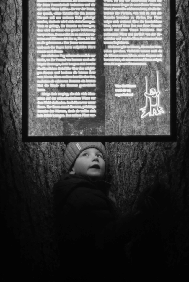 Ein Kind betrachtet die hinterleuchtete Ausstellungstafel